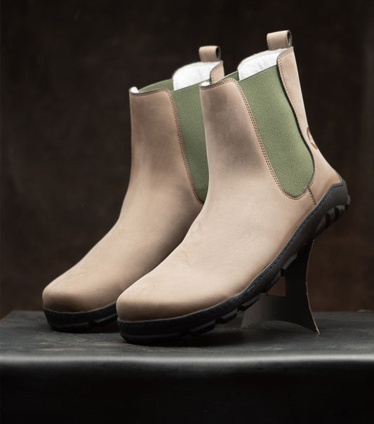 Barefoot Safety Chelsea Boots in rich brown microNobuk, ideal for tough jobs. 
